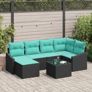 7-osaline modulaarne aianurgadiivani komplekt patjadega, must polürotang, 288,5 x 123,5 x 85 cm