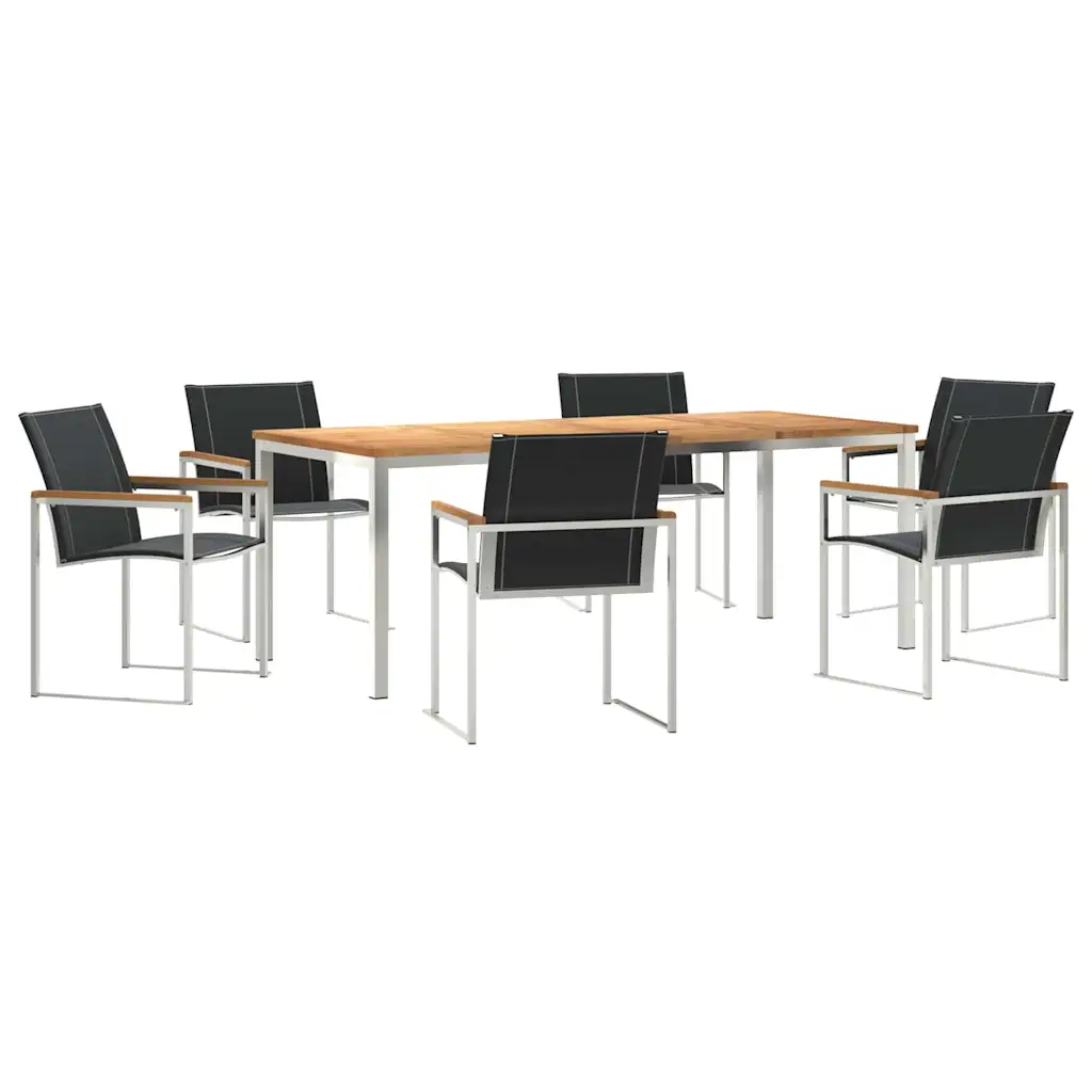 Akaatsiapuidust lauaga aiamööbli komplekt 7-osaline, roostevaba terase ja tekstileenist toolidega, laud 200 x 90 cm