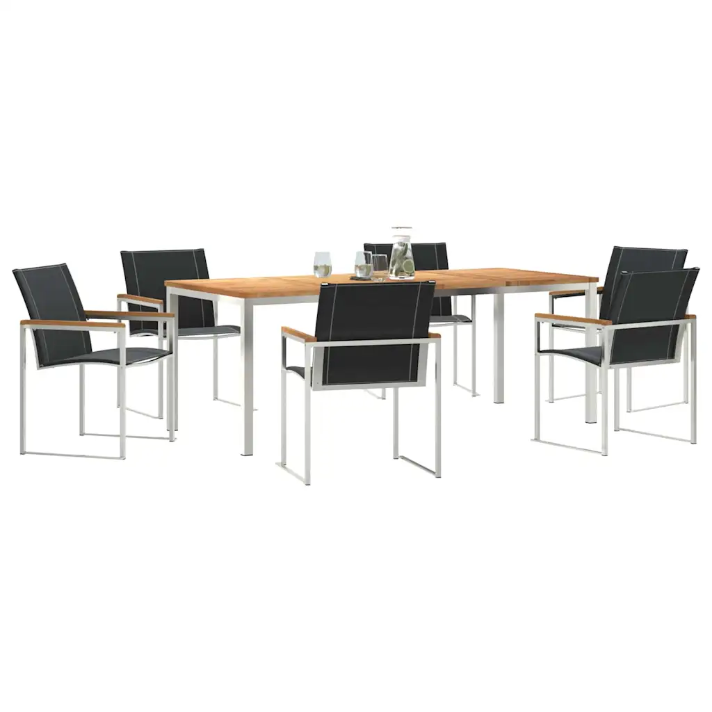 Akaatsiapuidust lauaga aiamööbli komplekt 7-osaline, roostevaba terase ja tekstileenist toolidega, laud 200 x 90 cm