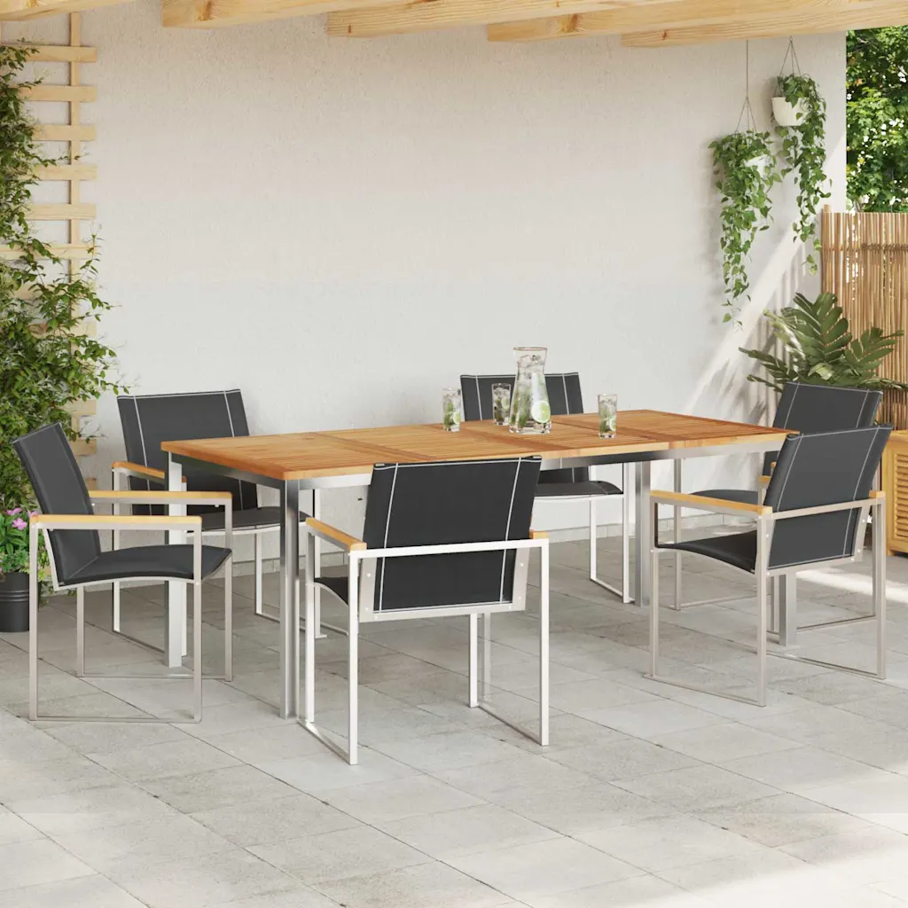 Akaatsiapuidust lauaga aiamööbli komplekt 7-osaline, roostevaba terase ja tekstileenist toolidega, laud 200 x 90 cm