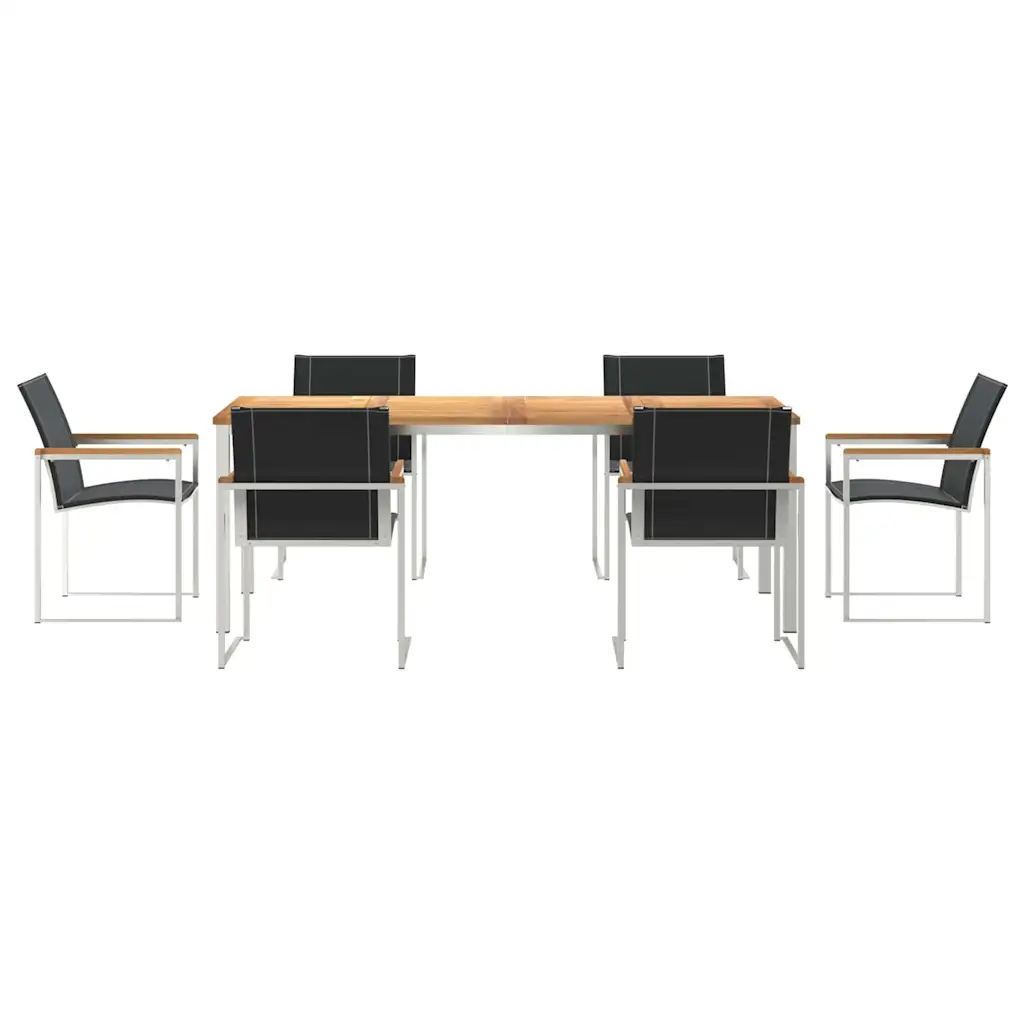 Akaatsiapuidust lauaga aiamööbli komplekt 7-osaline, roostevaba terase ja tekstileenist toolidega, laud 200 x 90 cm