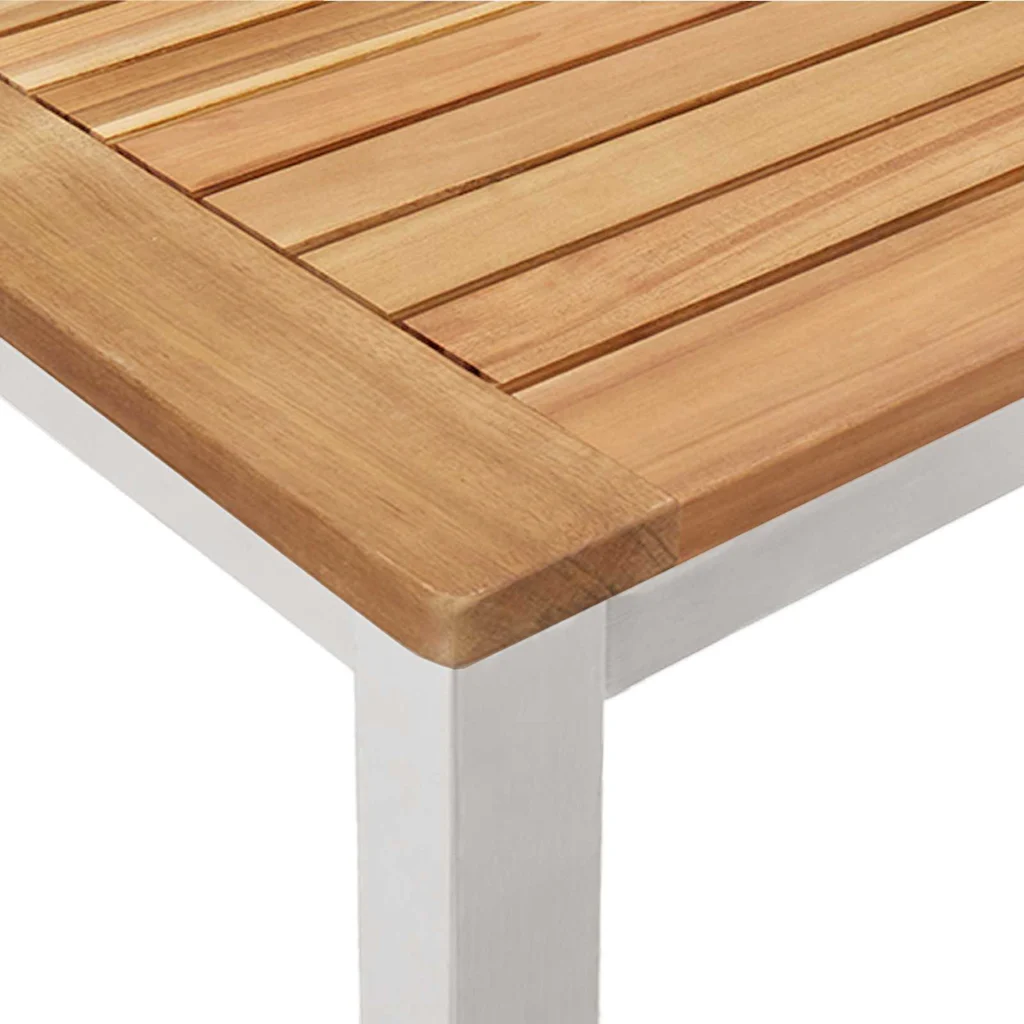 Akaatsiapuidust lauaga aiamööbli komplekt 7-osaline, roostevaba terase ja tekstileenist toolidega, laud 200 x 90 cm