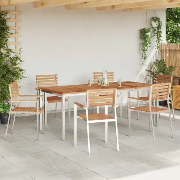 7-osaline aiamööbli komplekt, puidust laud ja roostevaba terasraamiga toolid, pruun, laud 200 x 90 cm - 4