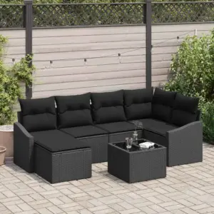 7-osaline modulaarne aiadiivanikomplekt patjadega, must polürotang, 288,5 x 123,5 x 85 cm