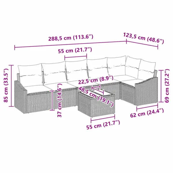 Modulaarne 7-osaline aiadiivanikomplekt patjadega, must polürotang, 6 istekohta - 9