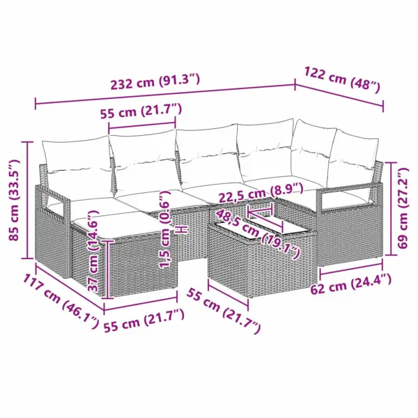 7-osaline mustast polürotangist aiamööbli diivanikomplekt patjadega, modulaarne, laud ja jalatugi, 5 istekohta - 10