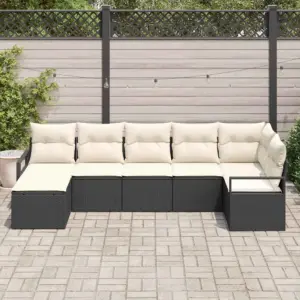 7-osaline aiamööbli komplekt patjadega, must polürotang, modulaarne nurgadiivan, 6 istekohta, 287 x 122 cm