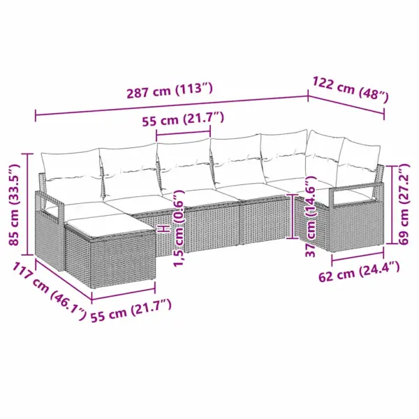 7-osaline aiamööbli komplekt patjadega, must polürotang, modulaarne nurgadiivan, 6 istekohta, 287 x 122 cm - 9