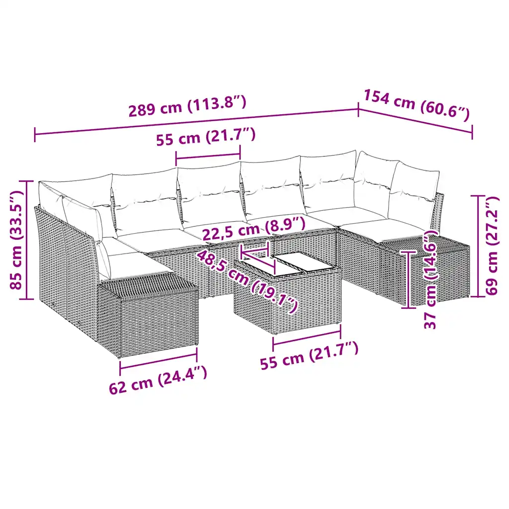 Modulaarne 8-osaline helehall polürotangist aiadiivanikomplekt patjade ja klaaslauaga