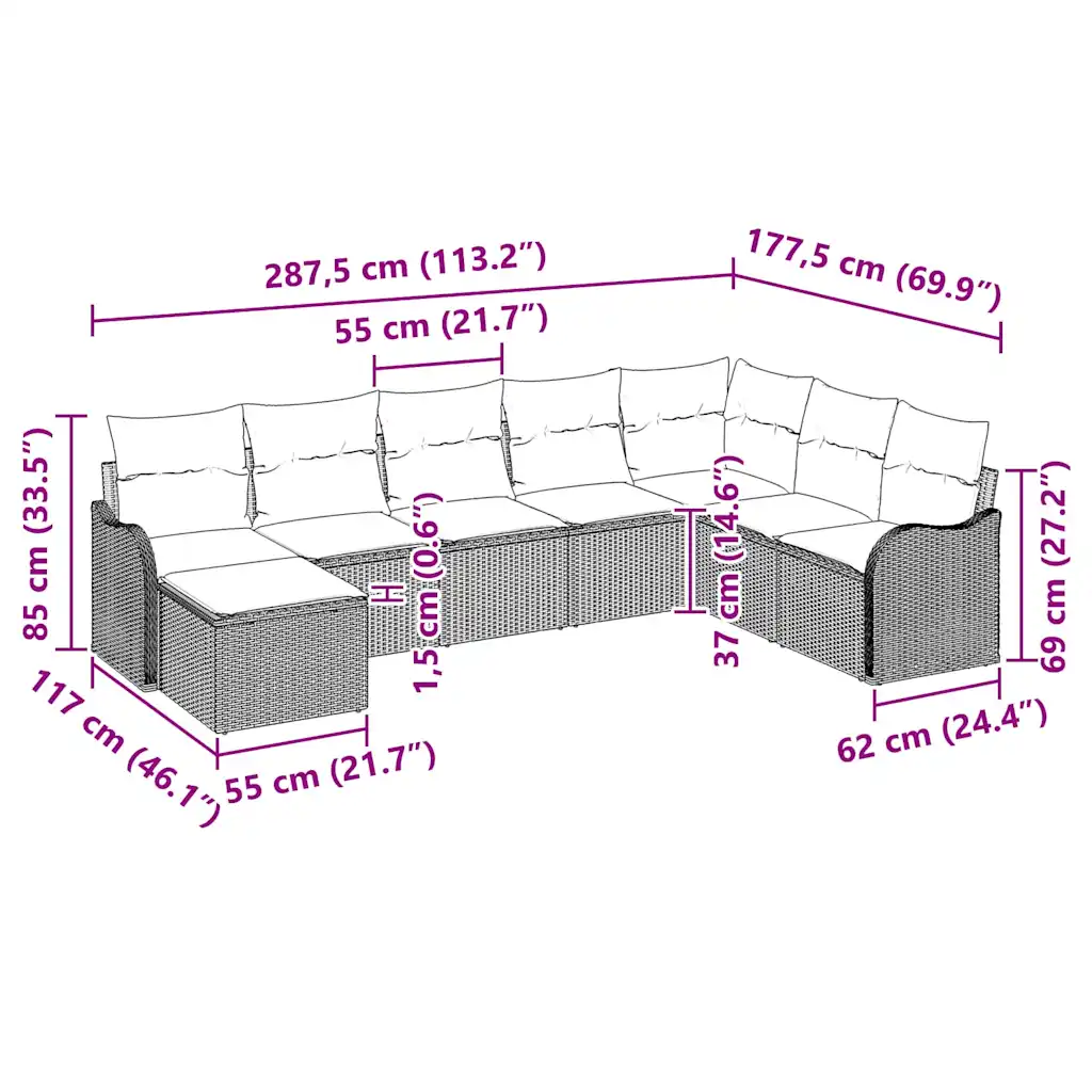 8-osaline modulaarne aia diivanikomplekt lauaga, must polürotang, 8 istekohaga