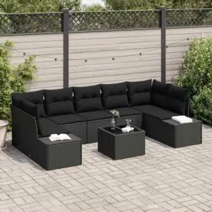 8-osaline aiadiivanikomplekt patjadega, must polürotang, modulaarne