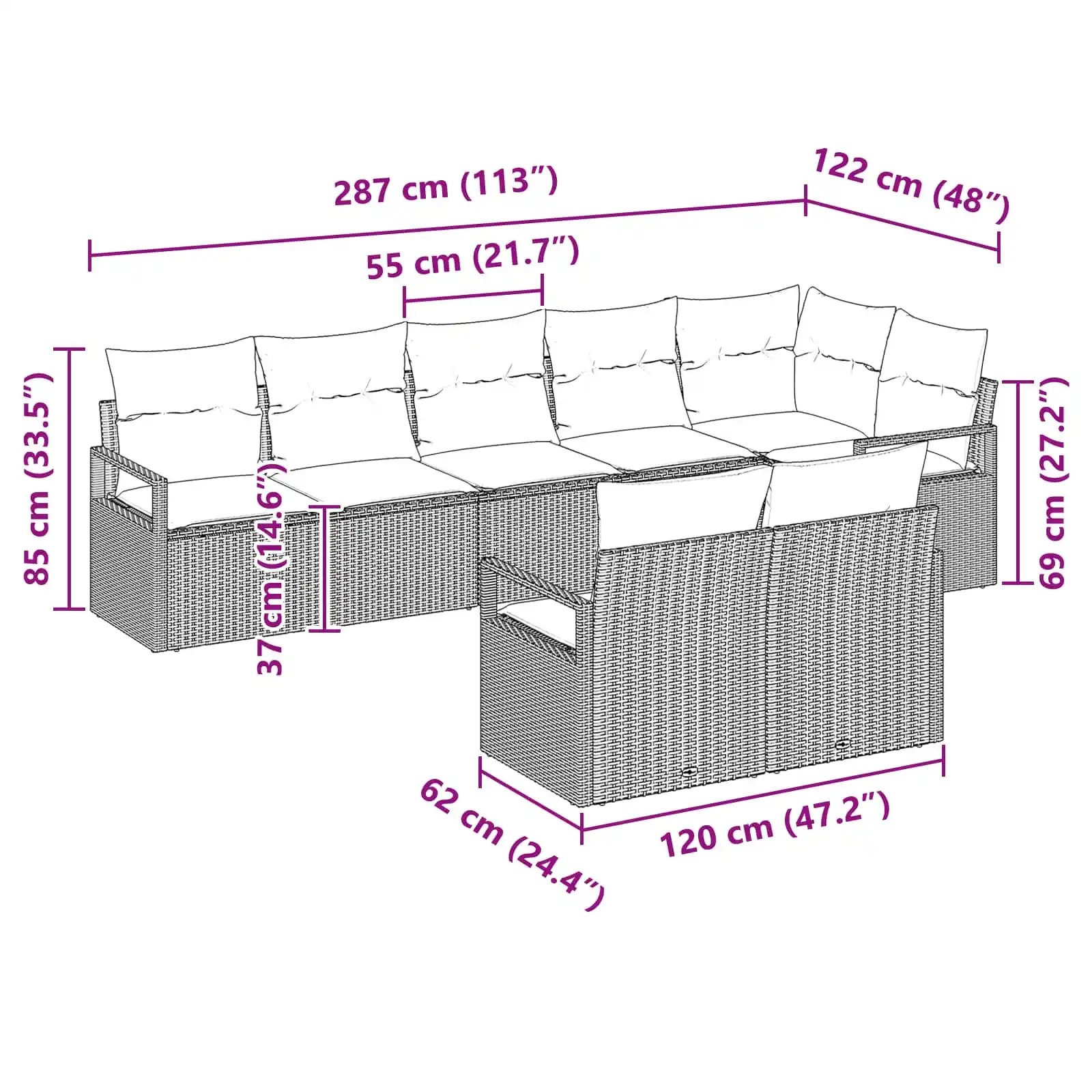 8-osaline modulaarne aiamööbli diivanikomplekt, must polürotang, 8 istekohta