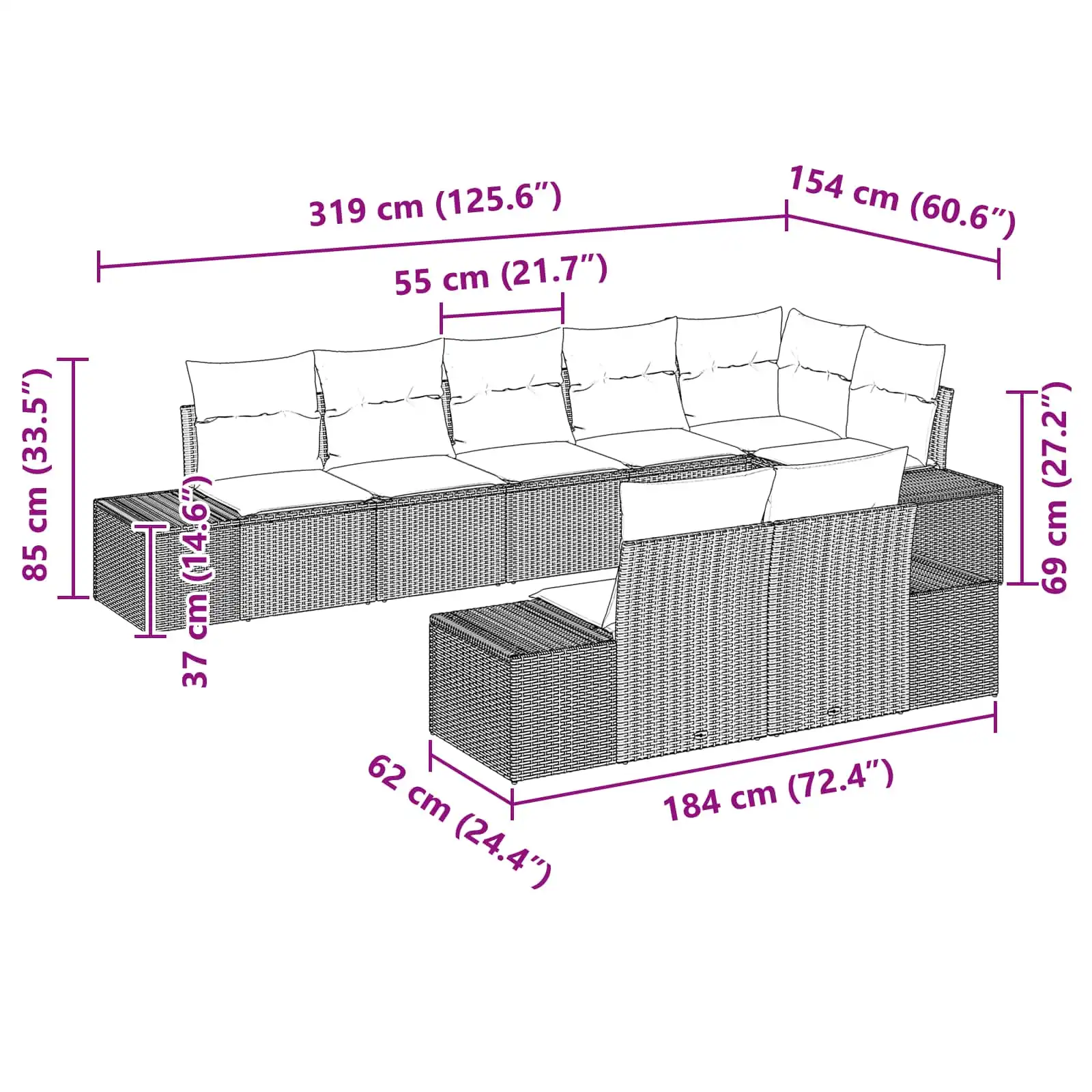 8-osaline modulaarne aia diivanikomplekt patjadega, pruun polürotang