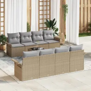 9-osaline modulaarne aia diivanikomplekt, beež polürotang, padjad ja klaasplaadiga laud
