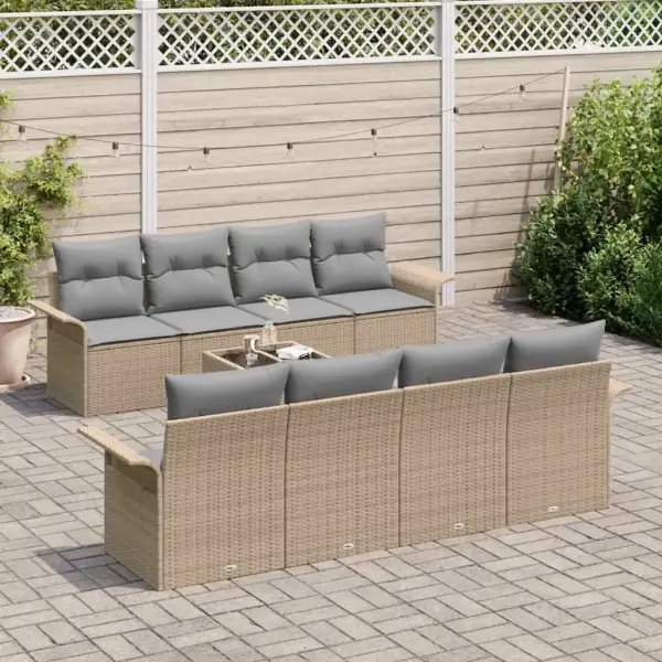 9-osaline modulaarne aia diivanikomplekt, beež polürotang, padjad ja klaasplaadiga laud - 3