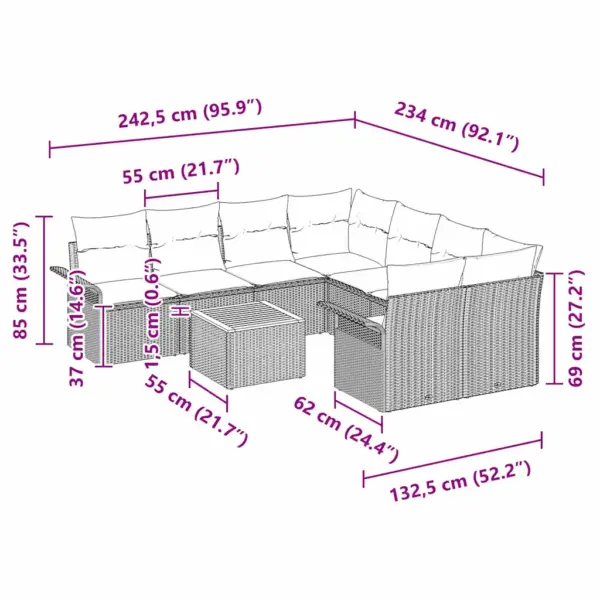 Modulaarne aiadiivanikomplekt patjadega, 9-osaline must polürotang, 8 istekohta - 9