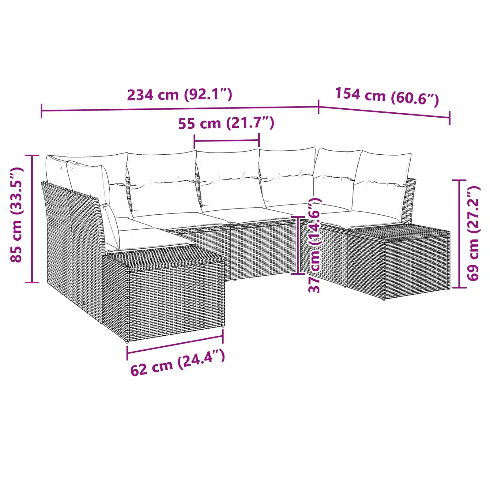 Modulaarne aiamööbli diivanikomplekt patjadega, 6 istekohta, pruun polürotang, 234 x 154 x 69 cm