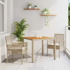 3-osaline aiamööbli komplekt, 2 tooli ja laud 90 x 90 cm, beež polürotang, akaatsiapuidust lauaplaat