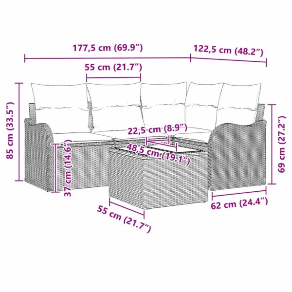 5-osaline modulaarne aiamööbli diivanikomplekt patjadega, beež polürotang - 9