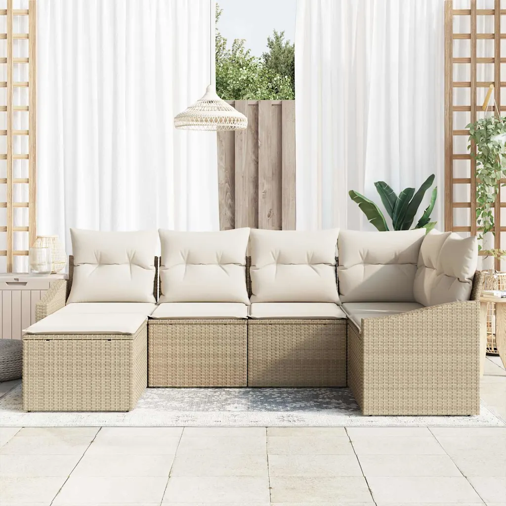 Aiamööbli diivanikomplekt patjadega, 6-osaline, beež polürotang, modulaarne, 5 istekohta