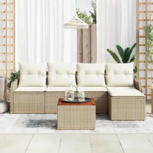 6-osaline modulaarne aiamööbli diivanikomplekt, beež polürotang, 5 istekohta, patjadega