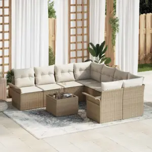 9-osaline aiamööbli diivanikomplekt, beež polürotang, modulaarne nurgadiivan ja laud, 242,5 x 234 x 85 cm