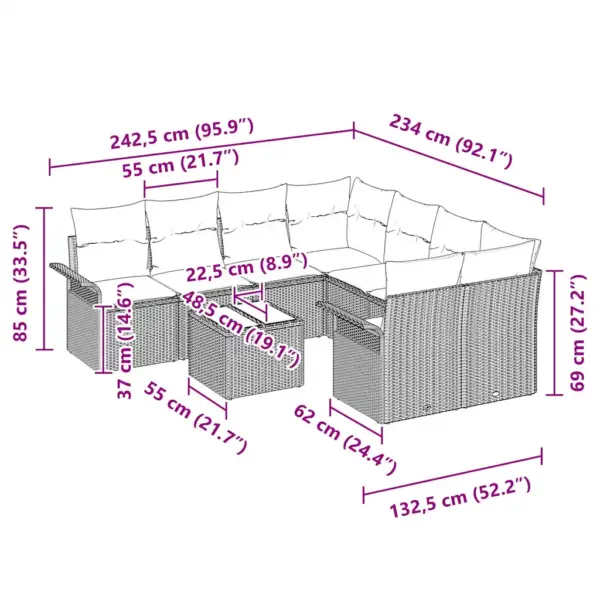 9-osaline aiamööbli diivanikomplekt, beež polürotang, modulaarne nurgadiivan ja laud, 242,5 x 234 x 85 cm - 13