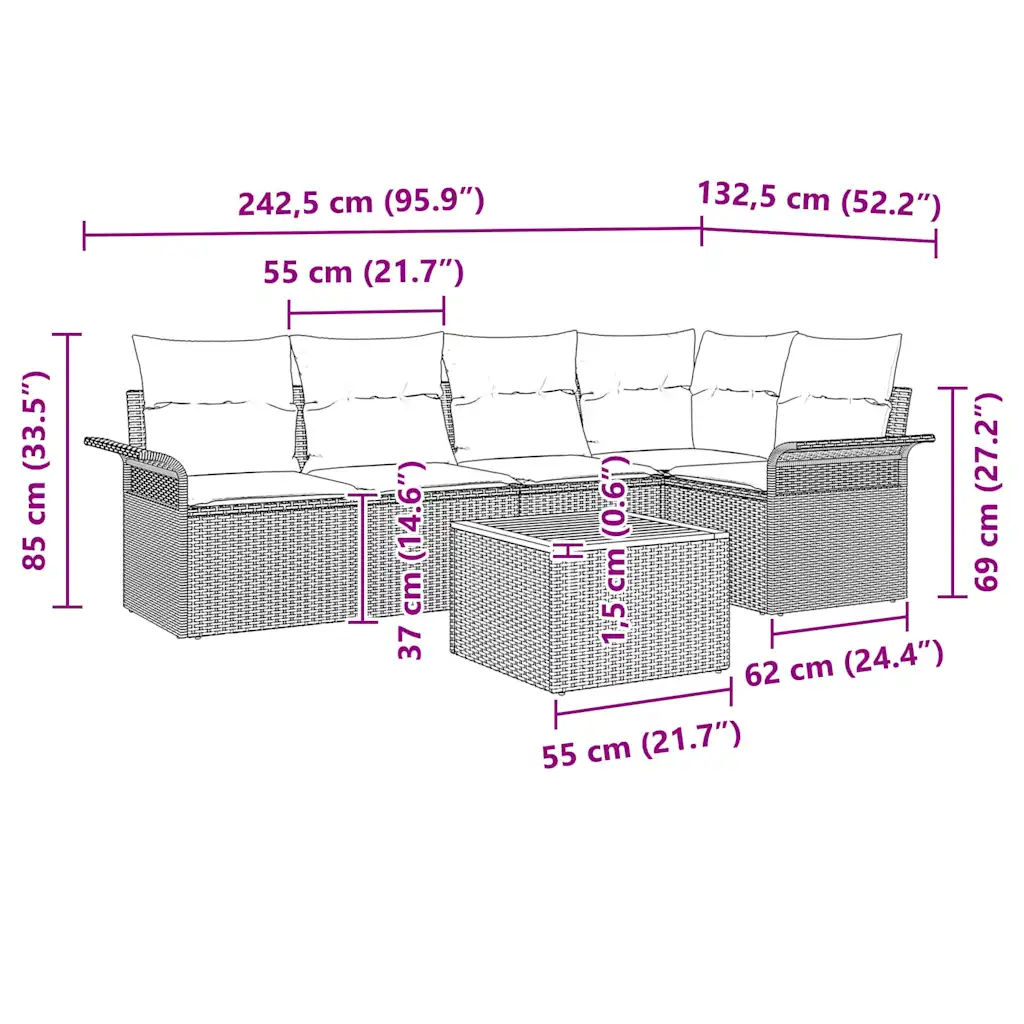Modulaarne aiadiivanikomplekt patjadega ja lauaga, 6-osaline beež polürotang, 5 istekohta