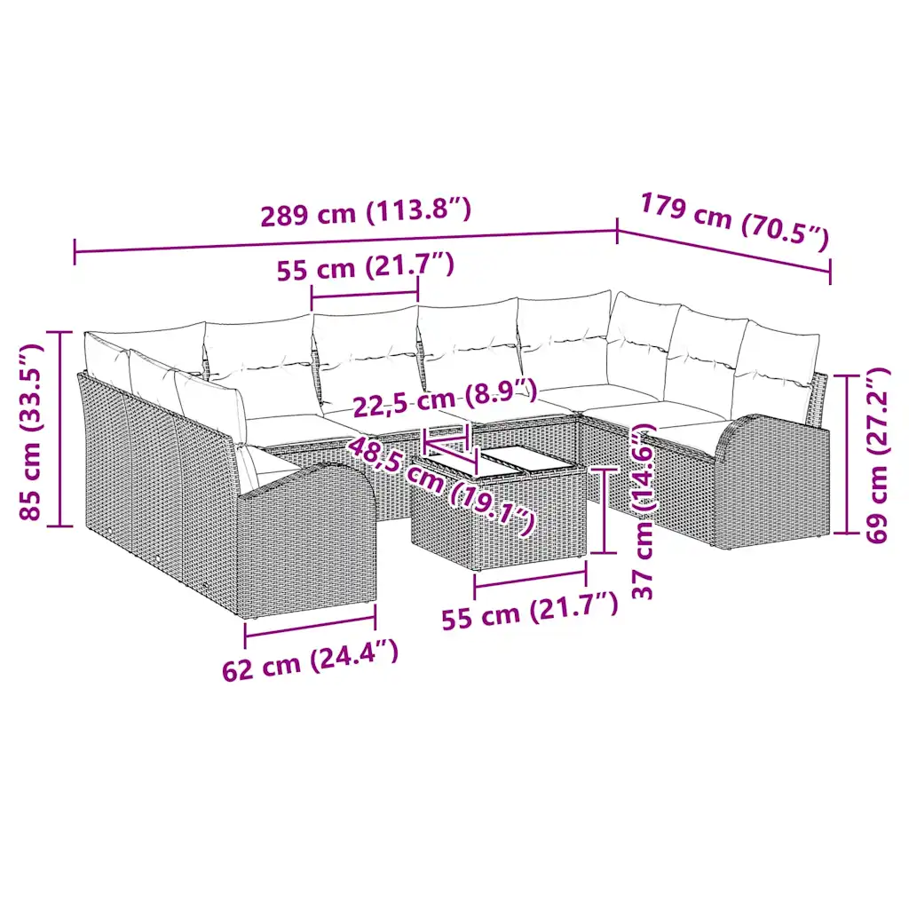 Modulaarne aiadiivanikomplekt patjadega, 10 osa, beež polürotang, 9 istekohaga