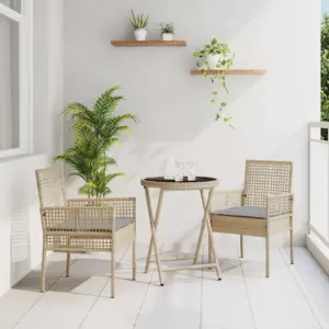 3-osaline beež polürotangist aiabistroo komplekt, laud 60 x 60 x 75 cm ja 2 tooli