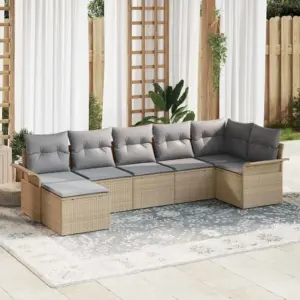 Aiamööbli diivanikomplekt patjade ja reguleeritava lauaga, 7-osaline, beež polürotang, 297,5 x 132,5 x 85 cm