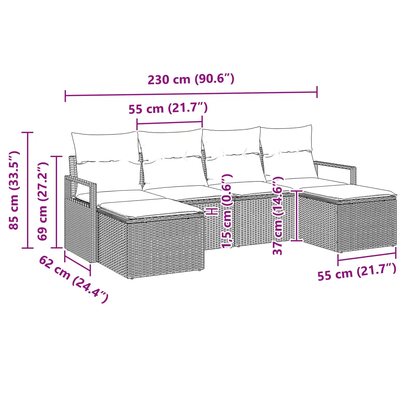 Modulaarne aiadiivanikomplekt, 6-osaline, hall polürotang, 4 istekohta