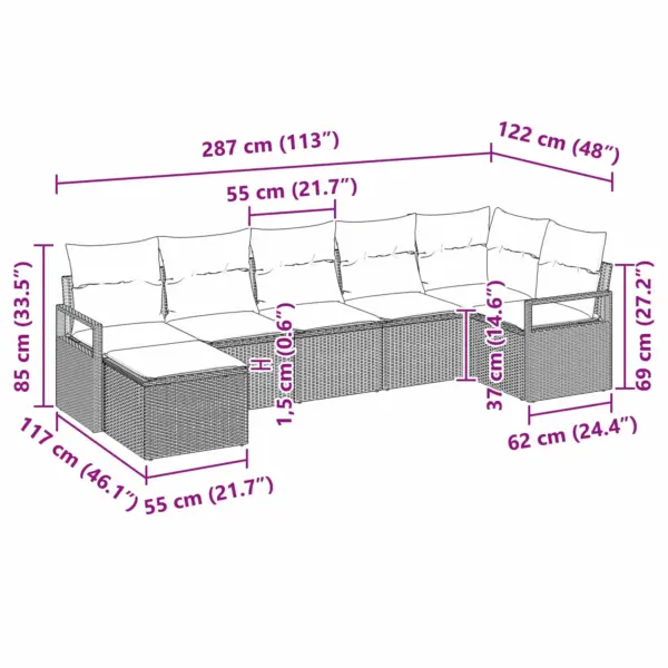 7-osaline modulaarne hall polürotangist aiadiivanikomplekt, 6 istekohaga, 287 x 122 x 85 cm - 9