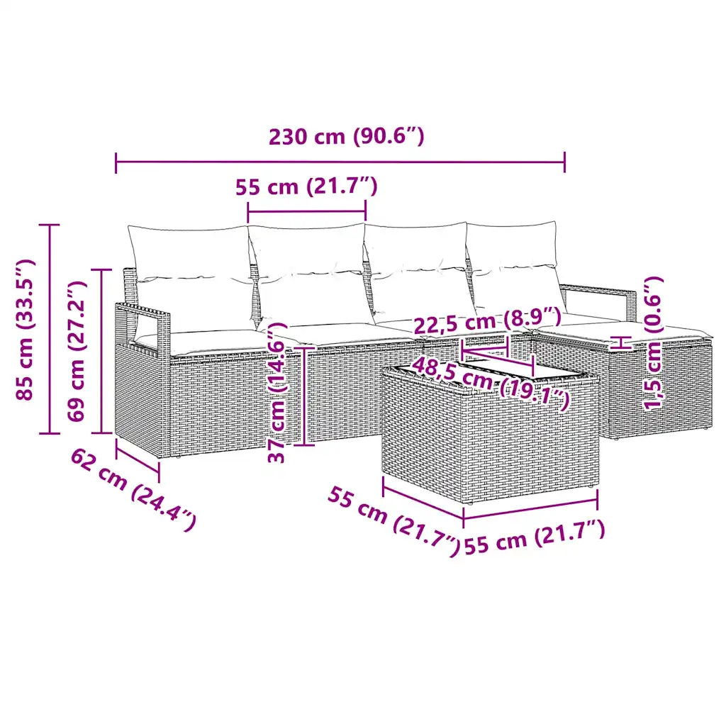 Modulaarne aiadiivanikomplekt patjadega ja lauaga, 6-osaline, hall polürotang