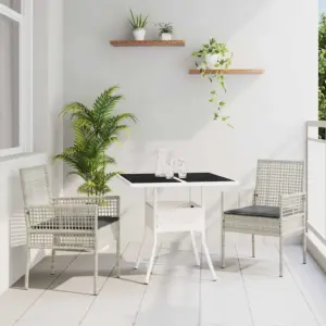 3-osaline helehall polürotangist aiamööbli komplekt, laud 80 x 80 x 75 cm ja 2 istmepatjadega tooli
