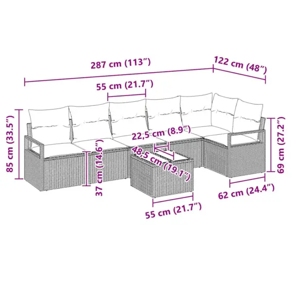 Modulaarne aiamööbli diivanikomplekt, 7-osaline, helehall polürotang, 6 istekohta, 287 x 122 x 85 cm - 9