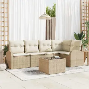 Modulaarne 5-kohaline aiamööbli komplekt laua ja patjadega, beež polürotang, polüesterpadjakatted