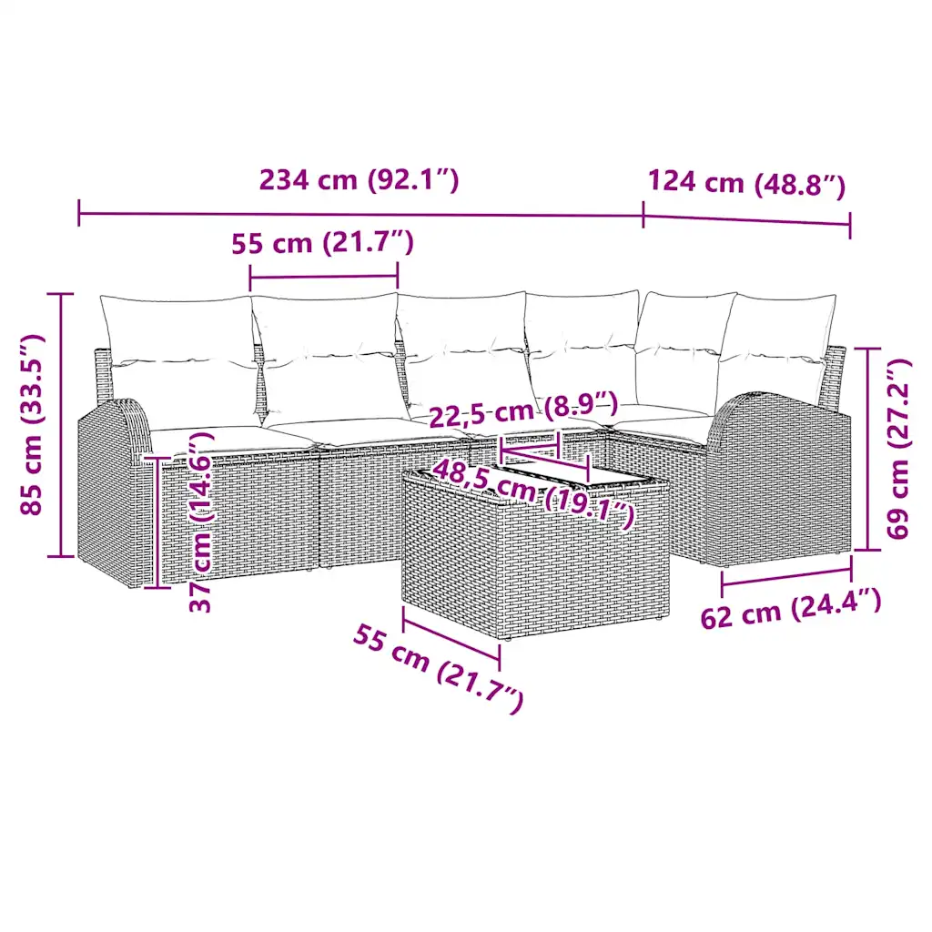 Modulaarne 5-kohaline aiamööbli komplekt laua ja patjadega, beež polürotang, polüesterpadjakatted