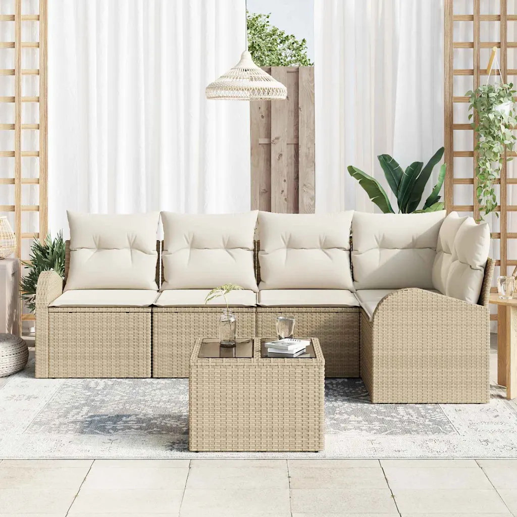 Modulaarne 5-kohaline aiamööbli komplekt laua ja patjadega, beež polürotang, polüesterpadjakatted