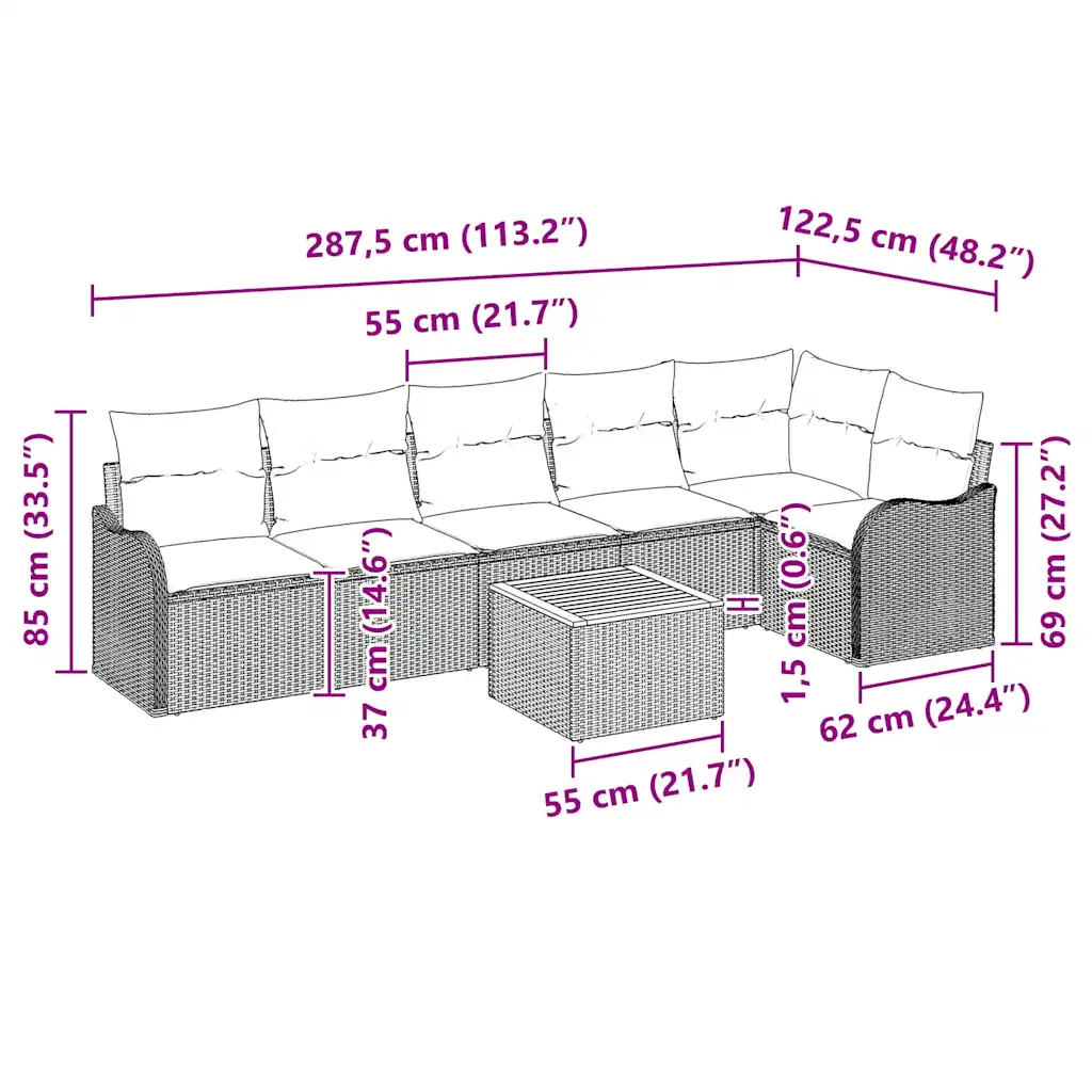 Modulaarne aiamööbli diivanikomplekt hoiustamisega, 7-osaline, beež polürotang, laud 55 x 55 x 37 cm