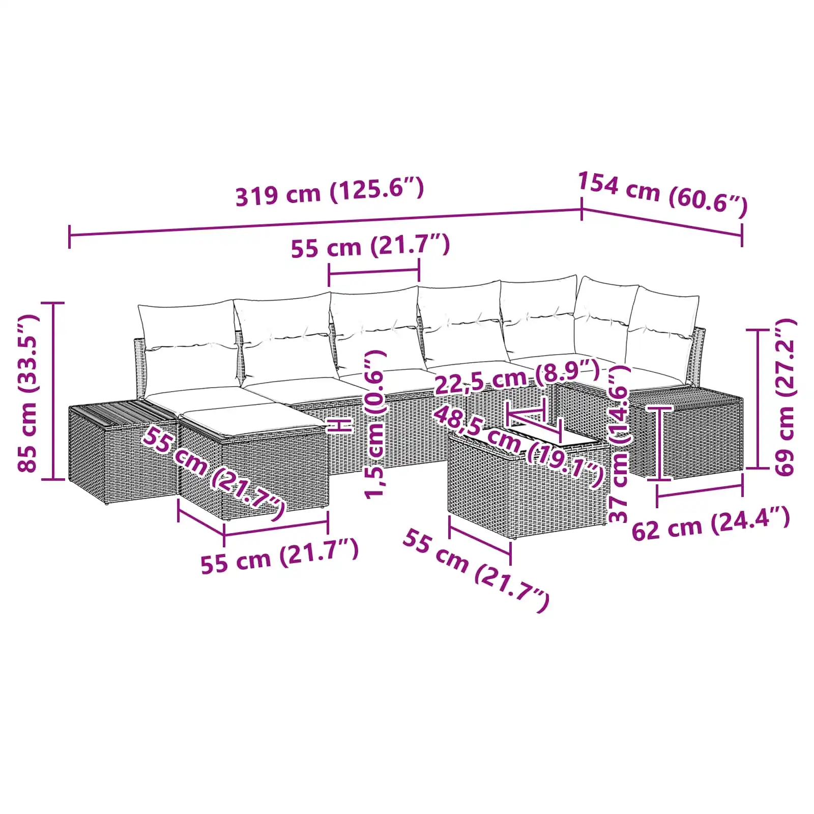 Modulaarne aiamööbli komplekt patjadega, 8 osa, pruun polürotang, 7 istekohaga