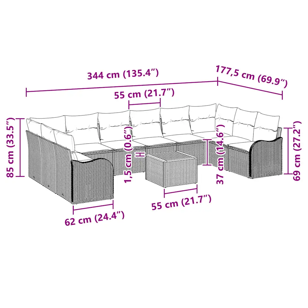 Modulaarne aia diivanikomplekt patjadega, 11-osaline, 10 istekohaga, must polürotang