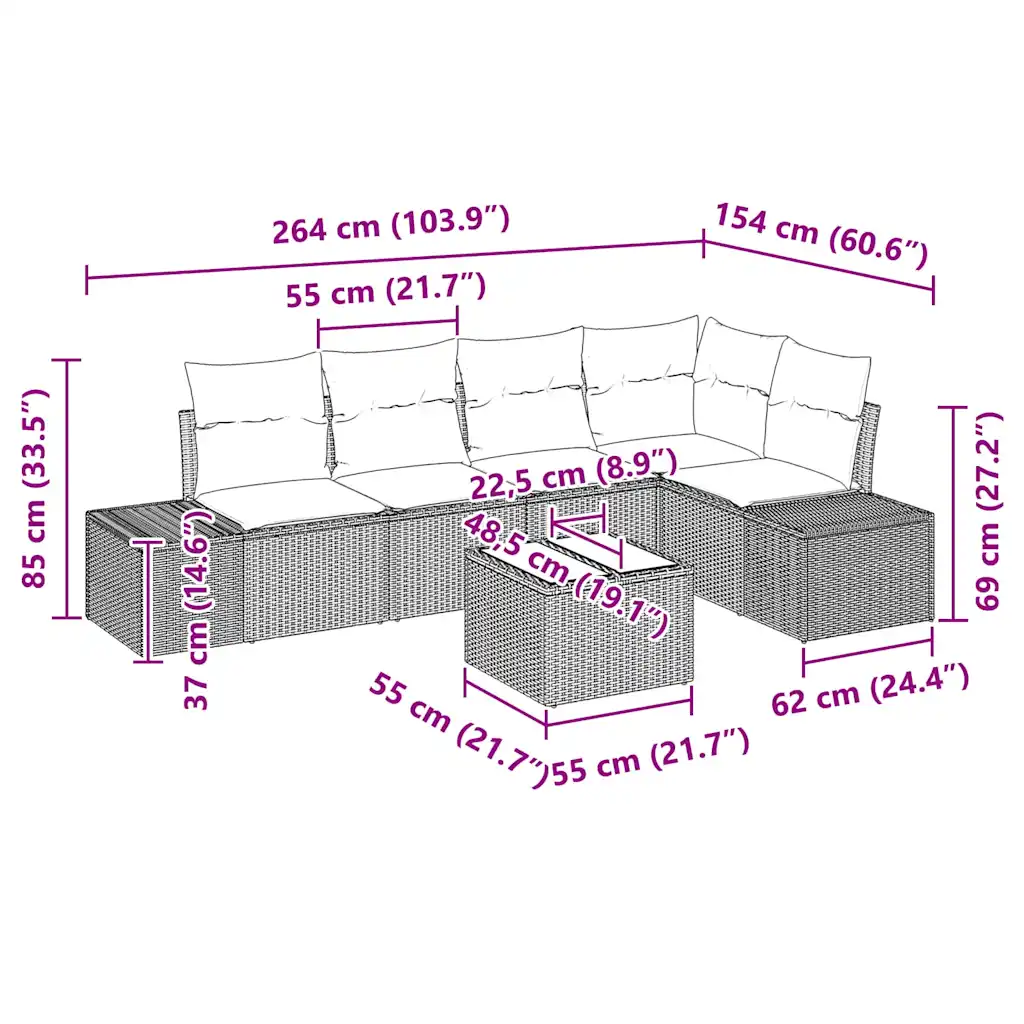 Modulaarne aia diivanikomplekt, 6-osaline, must polürotang