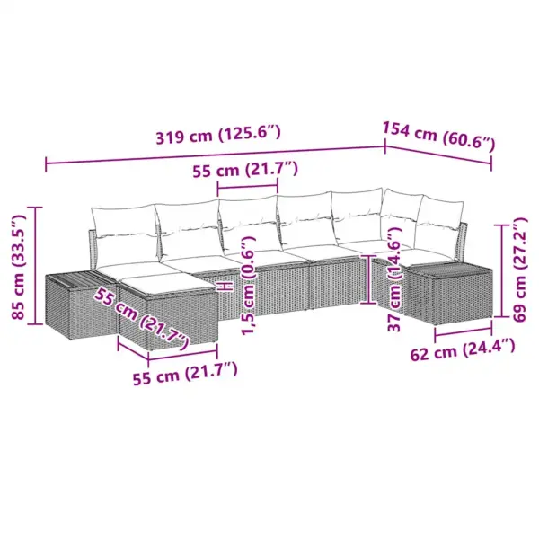 7-osaline modulaarne aia diivanikomplekt patjadega, beež polürotang, 319 x 154 x 69 cm - 9