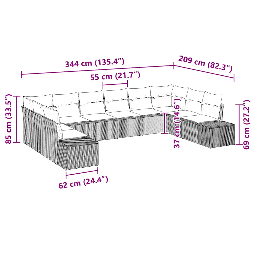 Modulaarne aiadiivanikomplekt patjadega, 10-kohaline, must polürotang
