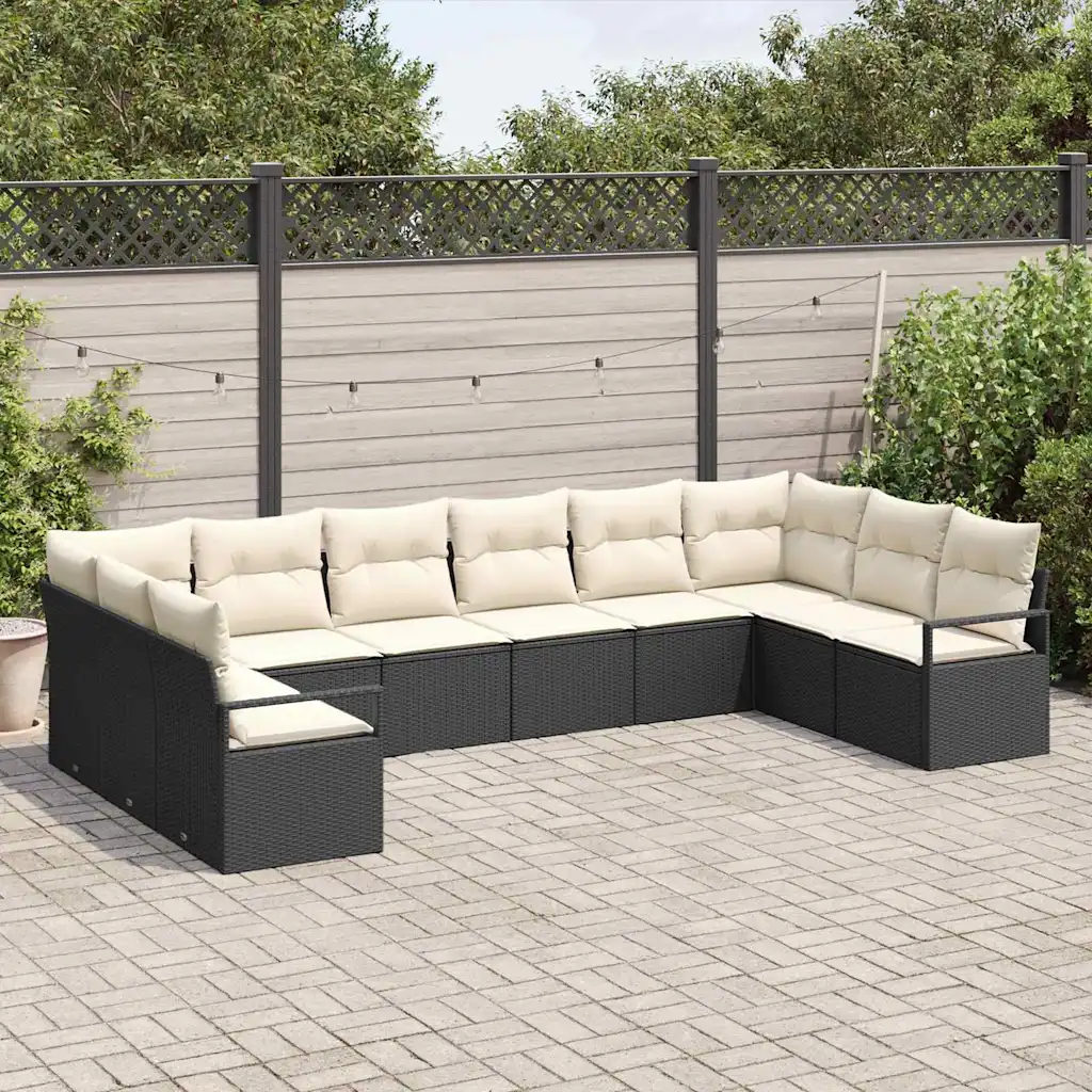 10-osaline modulaarne aiadiivanikomplekt patjadega, must polürotang, 10 istekohta, 344 x 177 x 85 cm