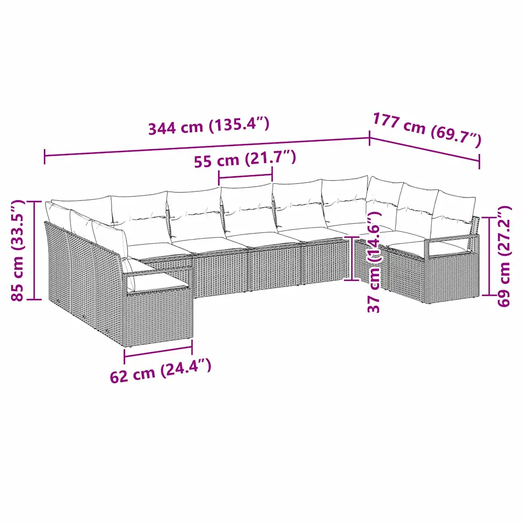 10-osaline modulaarne aiadiivanikomplekt patjadega, must polürotang, 10 istekohta, 344 x 177 x 85 cm