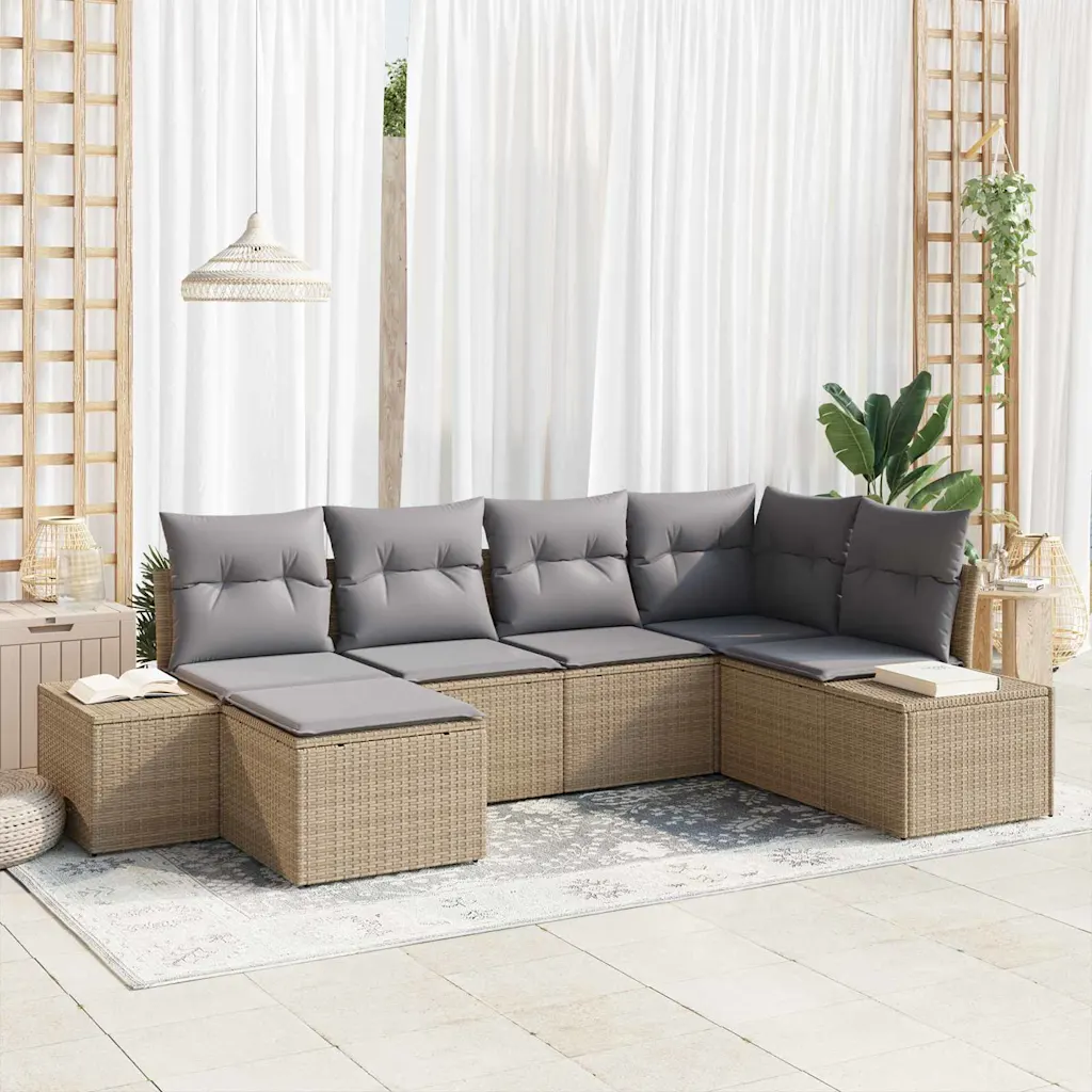 Modulaarne aiadiivanikomplekt patjadega, 6-kohaline, beež ja hall polürotang, 184 x 62 x 85 cm