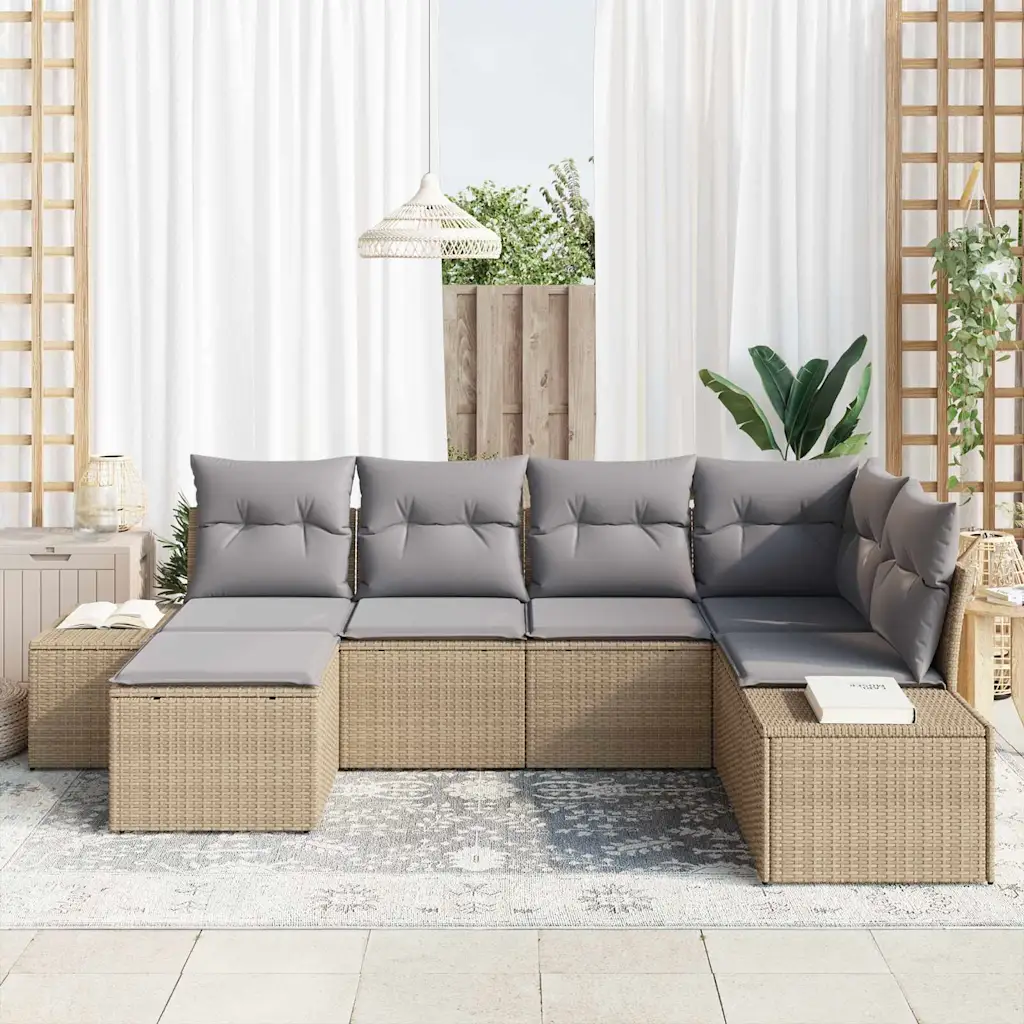 Modulaarne aiadiivanikomplekt patjadega, 6-kohaline, beež ja hall polürotang, 184 x 62 x 85 cm