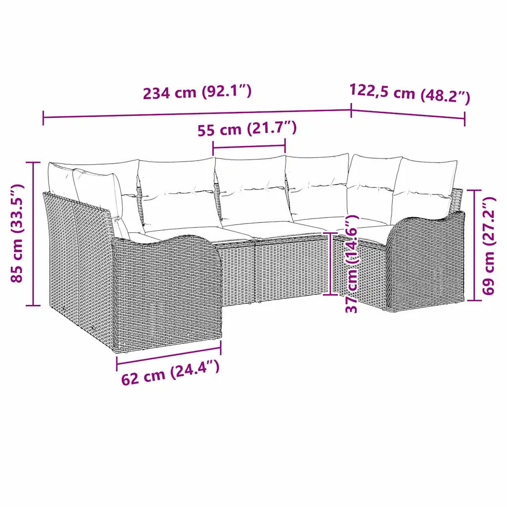 Modulaarne aiadiivanikomplekt patjadega, 6 osa, helehall polürotang
